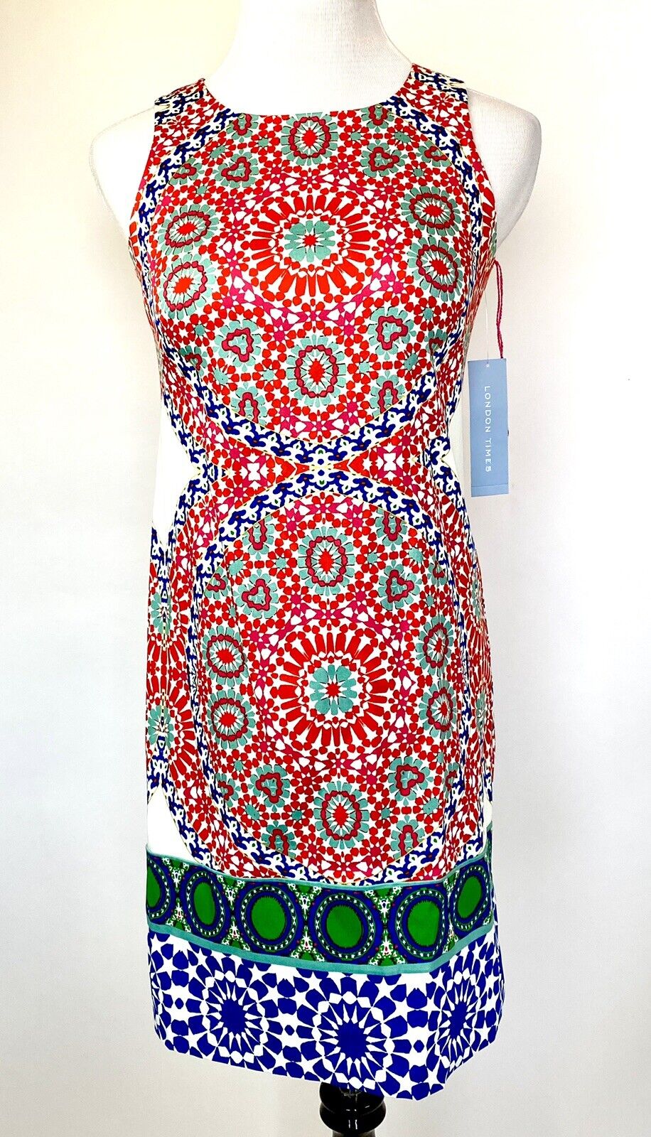 London Times Red/Orange Print Sleeveless Shift Dress Retail $75 Price $42 NWT 2
