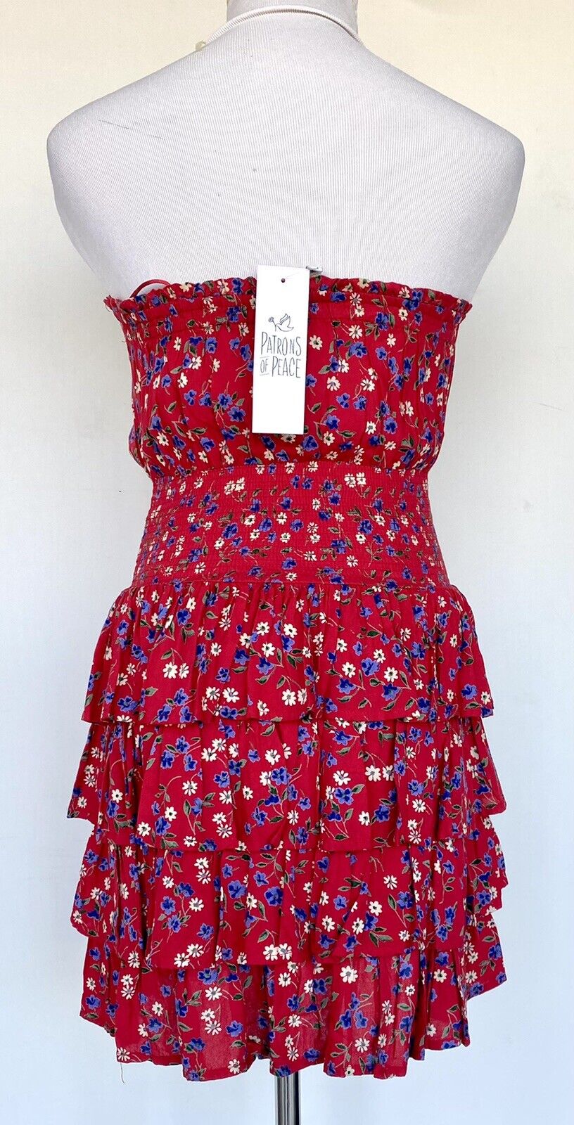 patrons of peace Tiered Ruffles red strapless dress smocked waist $59 XS