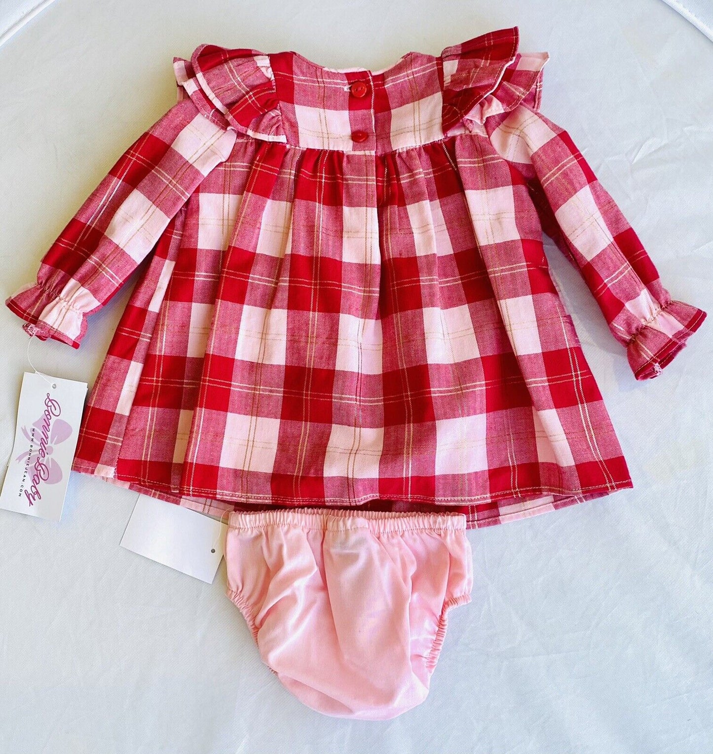 Bonnie Baby Red Gold Check Smocked 2 Pc Dress & Panties 0-3M Price $24