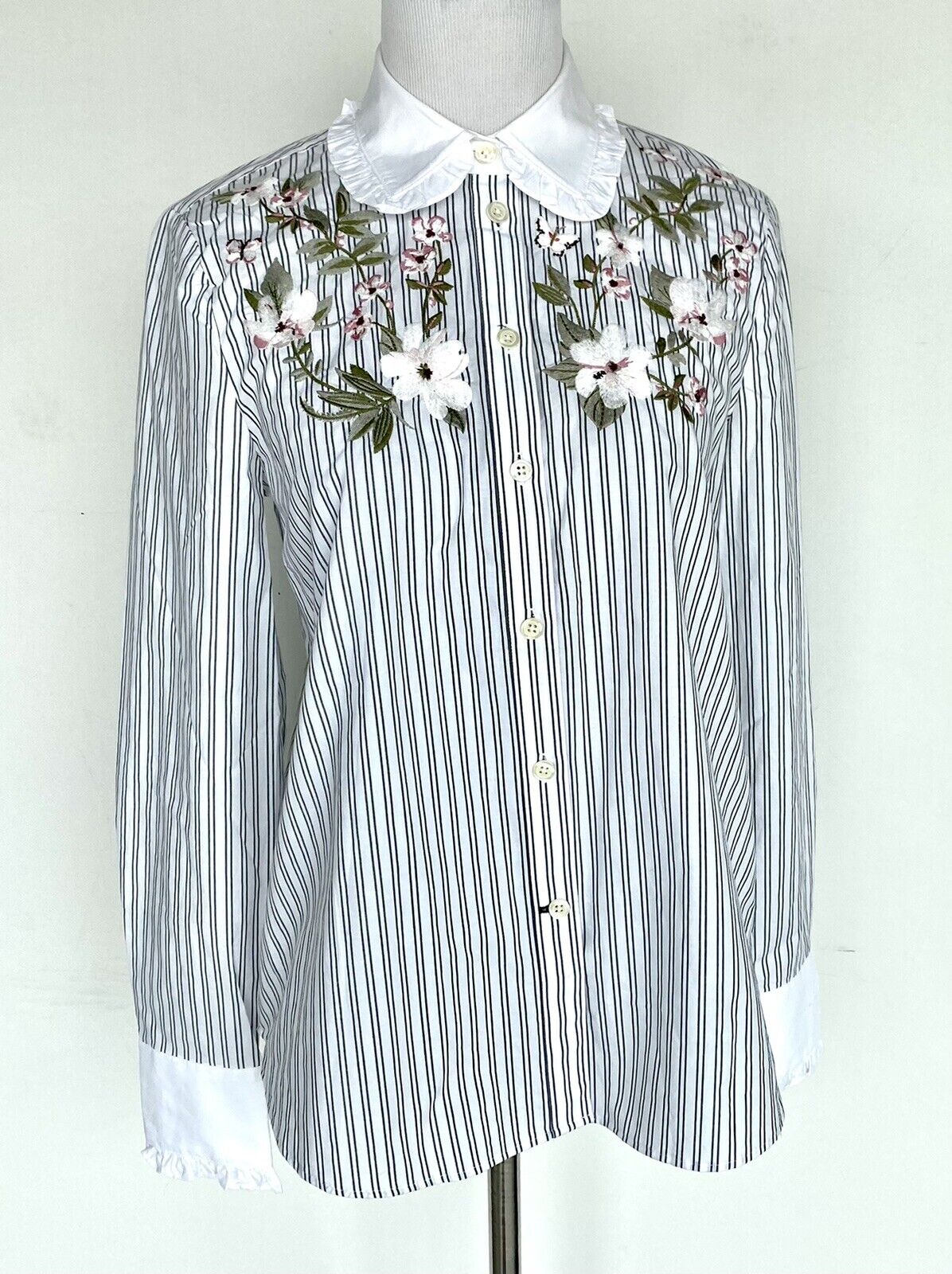 Kate Spade Embroidered Stripe Ruffle Shirt Retail $168 Price $69 Size XS NWT