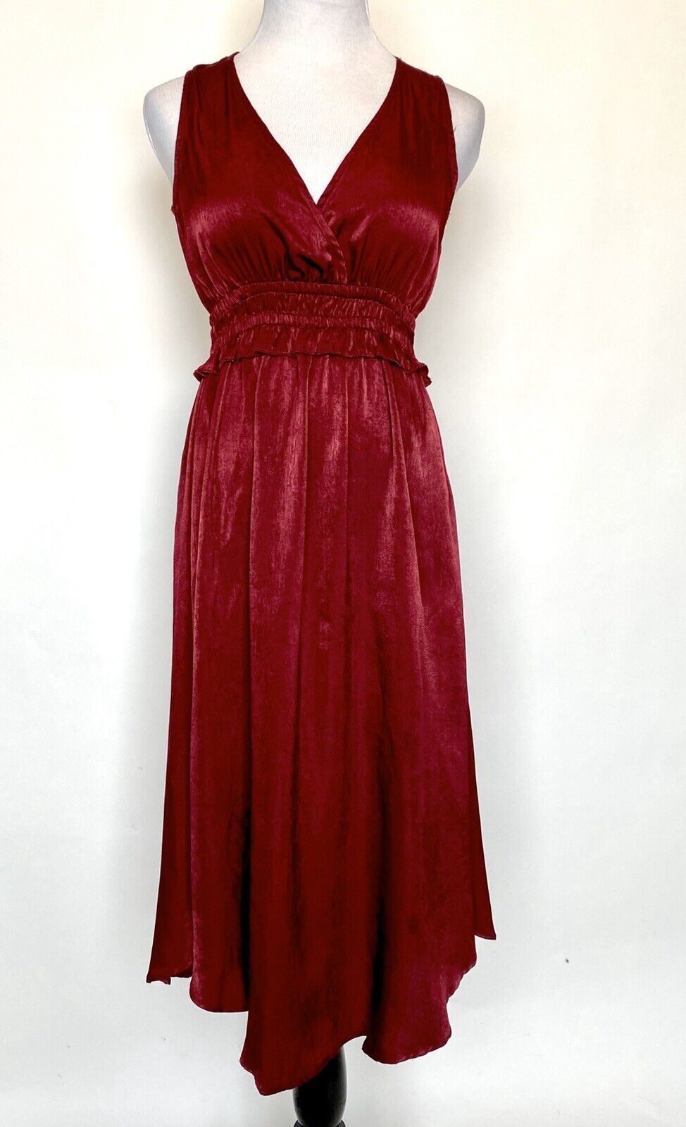 Re:named Dk Red Smocked Waist Surplice Dress Retail $78 Price $33 NWT Sz S