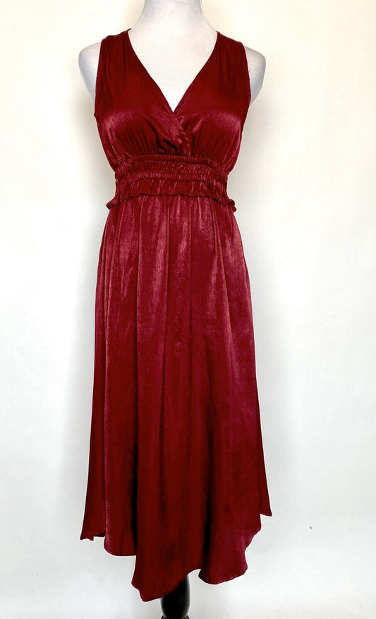 Re:named Dk Red Smocked Waist Surplice Dress Retail $78 Price $33 NWT Sz S