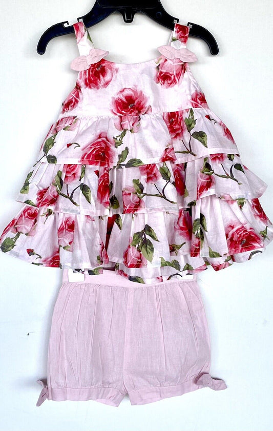 Monsoon 2 Pc Rose Print Dress & Bloomer Short 12-18M Price $35 NWT  Tiered