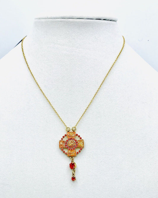 PILGRIM SWAROVSKI CRYSTAL GOLD PLATED Coral Red Cross Necklace. PRICE $16