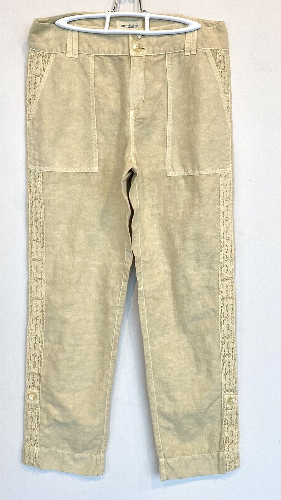 Sundance Organia Cotton Pants Lace Side Panel Retail $98 Price $56  Size 6