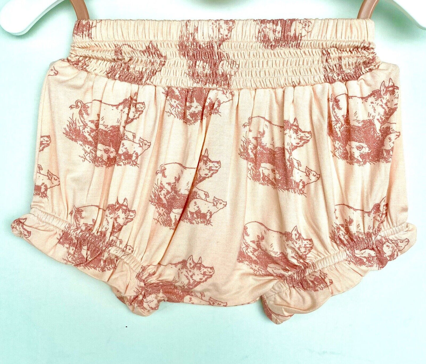 Kate Quinn Bamboo Smocked Shirred Waist Ruffle Bloomer Price $32 3-6M Piggies