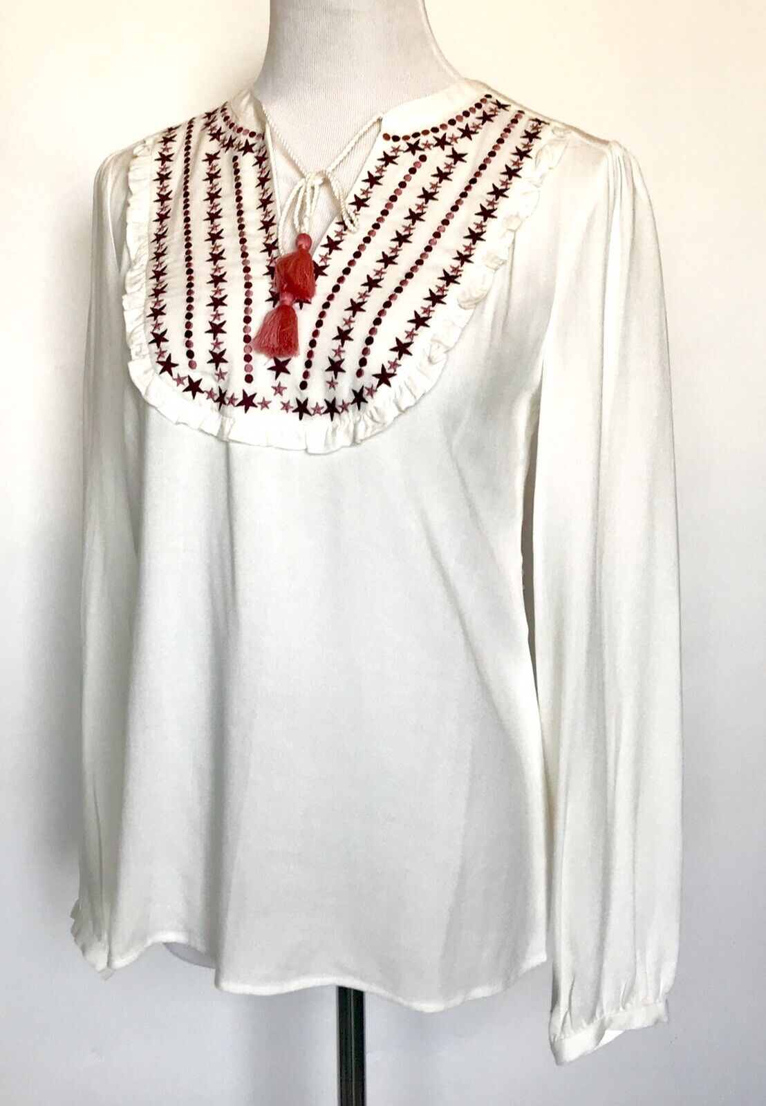 Boden Ivory Star Embroidery Polly Tassel Blouse NWT Retails $98 Price $38 Size 4