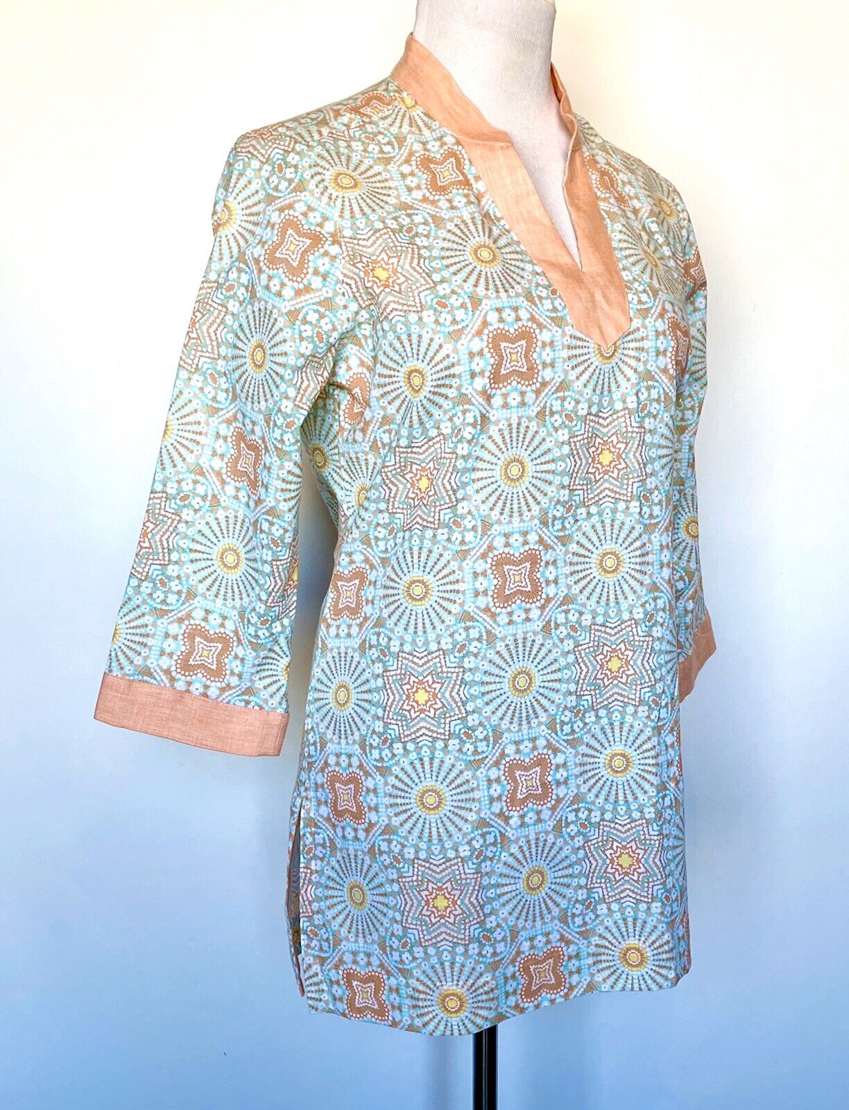 Green & Peach Beach 3/4 Sleeve Tunic Retail $89 Price $35  NWT Sz 6 Cotton Linen