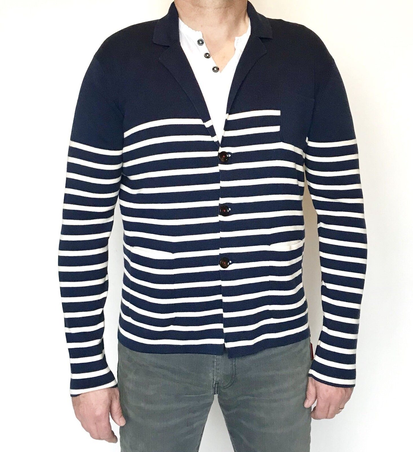 Carolina Herrera Navy Blue & White Cardigan Retail $220  Price $148 NWT Size XL