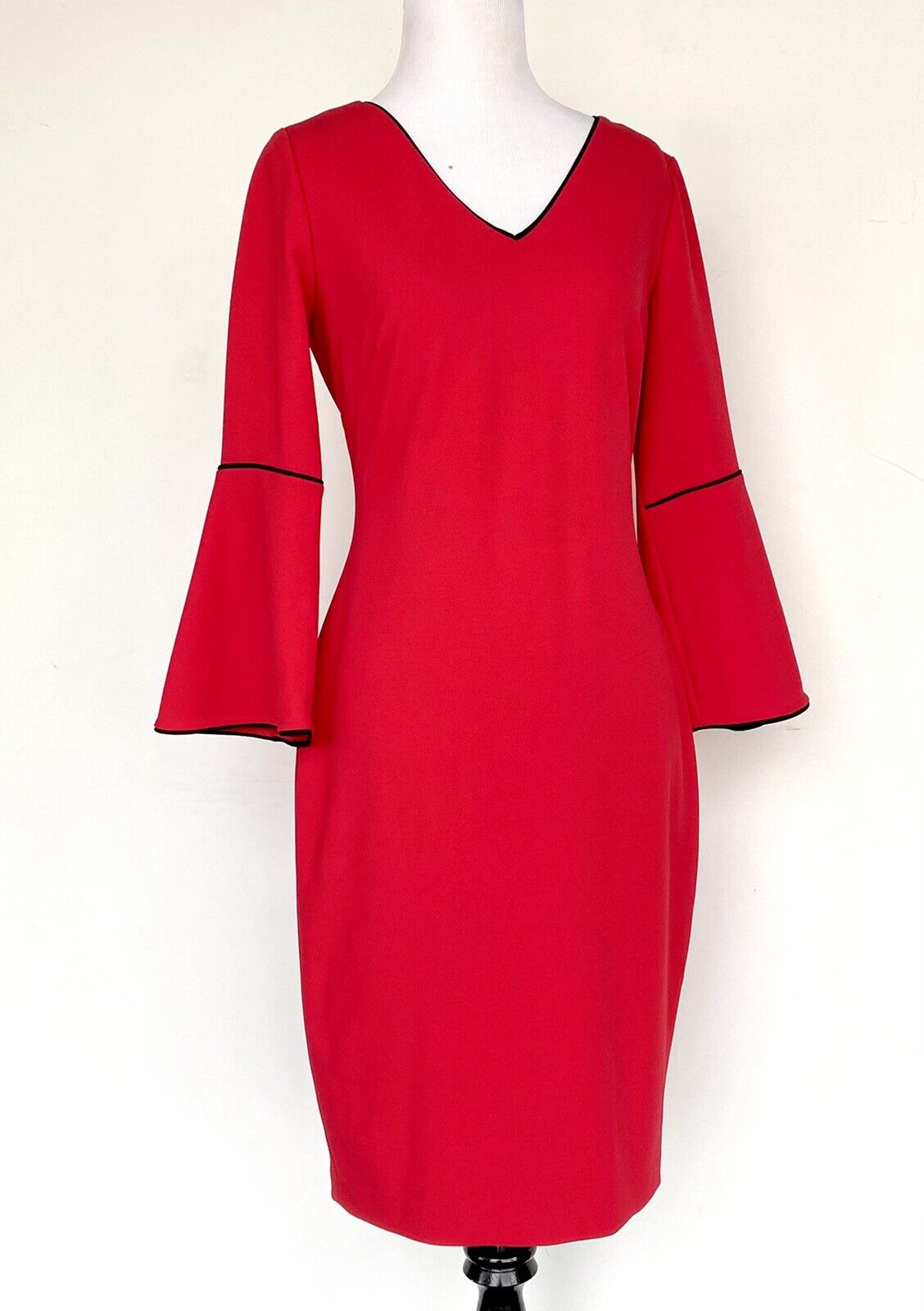 Calvin Klein Red Crepe Bell Sleeves Dress Size 2 Retail $99.50 Price $49 NWT