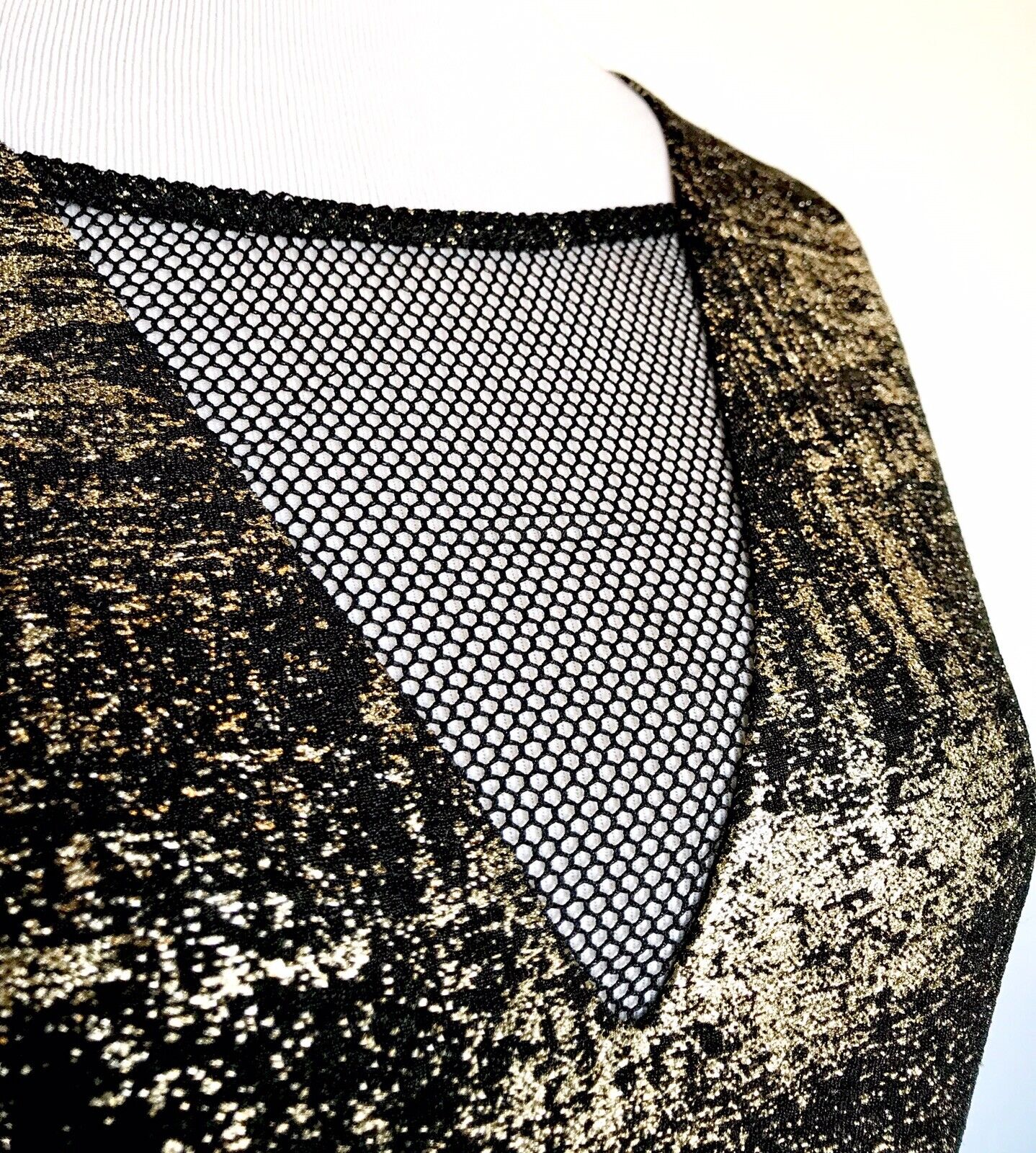 Melloday Gold And Black Mesh Cutout Stretch Dress Size Large. Price $44. NWT