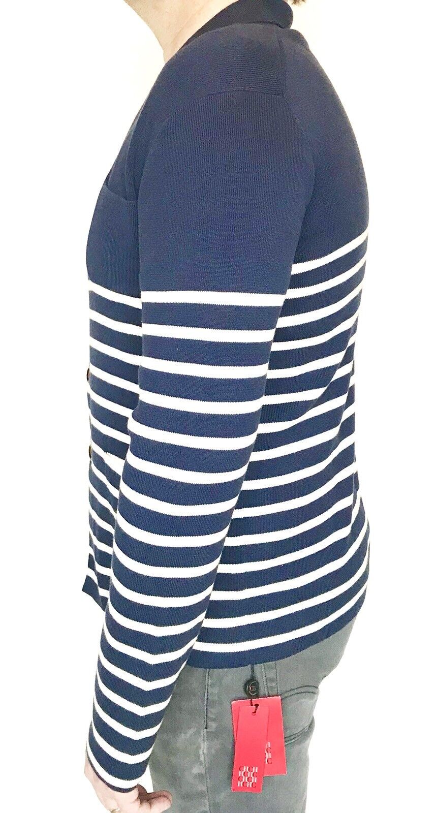 Carolina Herrera Navy Blue & White Cardigan Retail $220  Price $148 NWT Size XL