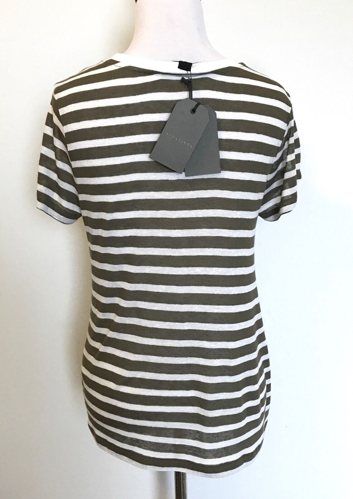 AllSaints Mazzy Khaki Stripe Linen Mix Tee NWT Retail $85 Price $36 Size S