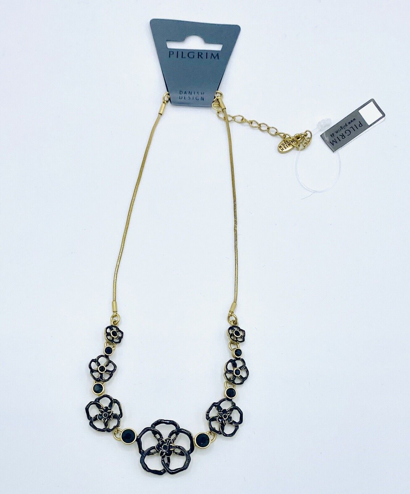 Pilgrim 14ct Gold Plated Black necklace with Enamel & crystals NWT Price $15