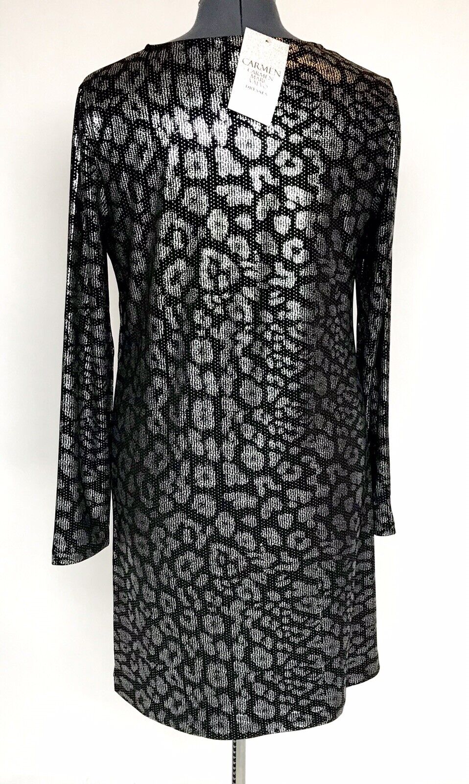 Carmen Marc Valvo Silver & Black Stretch Dress.Retail $88  Price $44 Size L NWT