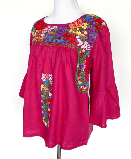 J Marie embroidered Rosa Pink Top bell sleeve XSmall Retail $92 Price $46 NWT