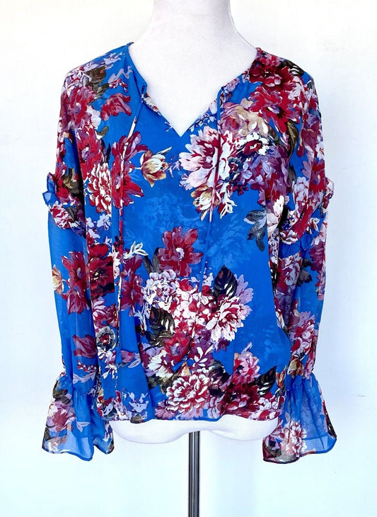 Elie Tahari Blue Red Blossom Blouse Retails $78 price $42 NWT Size XS Chiffon