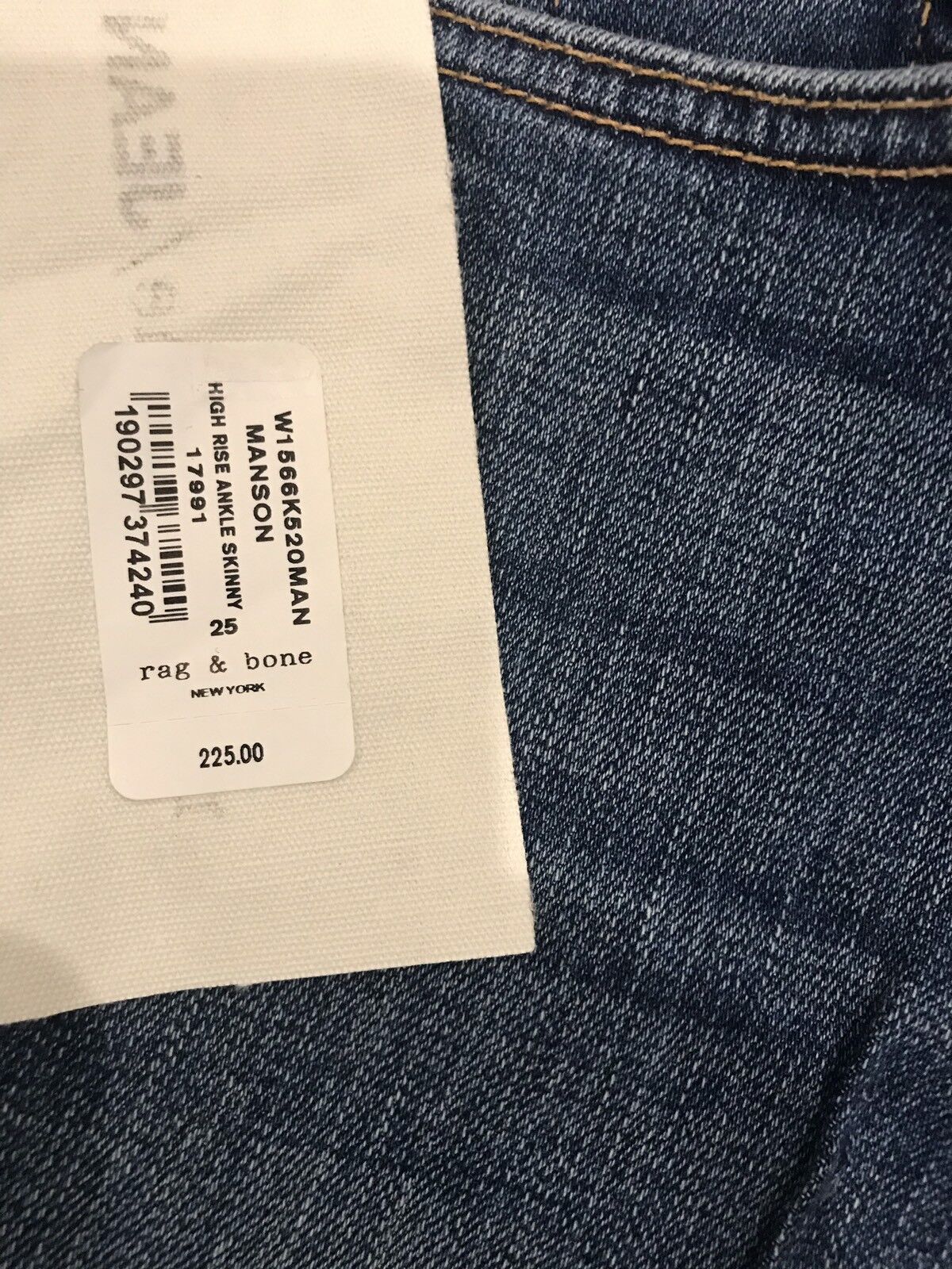 Rag & Bone Manson High Rise Skinny Jean Sz 25 Retail $225 Price $99  NWT