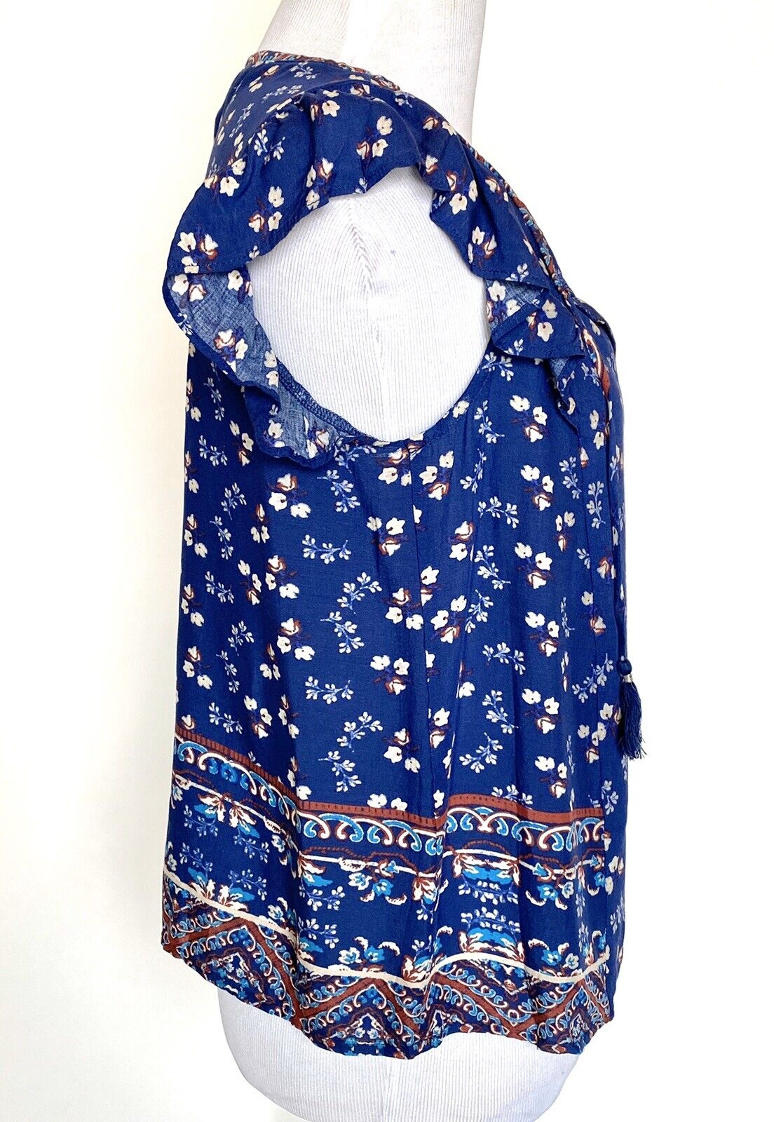 Beltaine Blue Tassel Peasant Boho Blouse Retail $128 Price $29 XS NWT