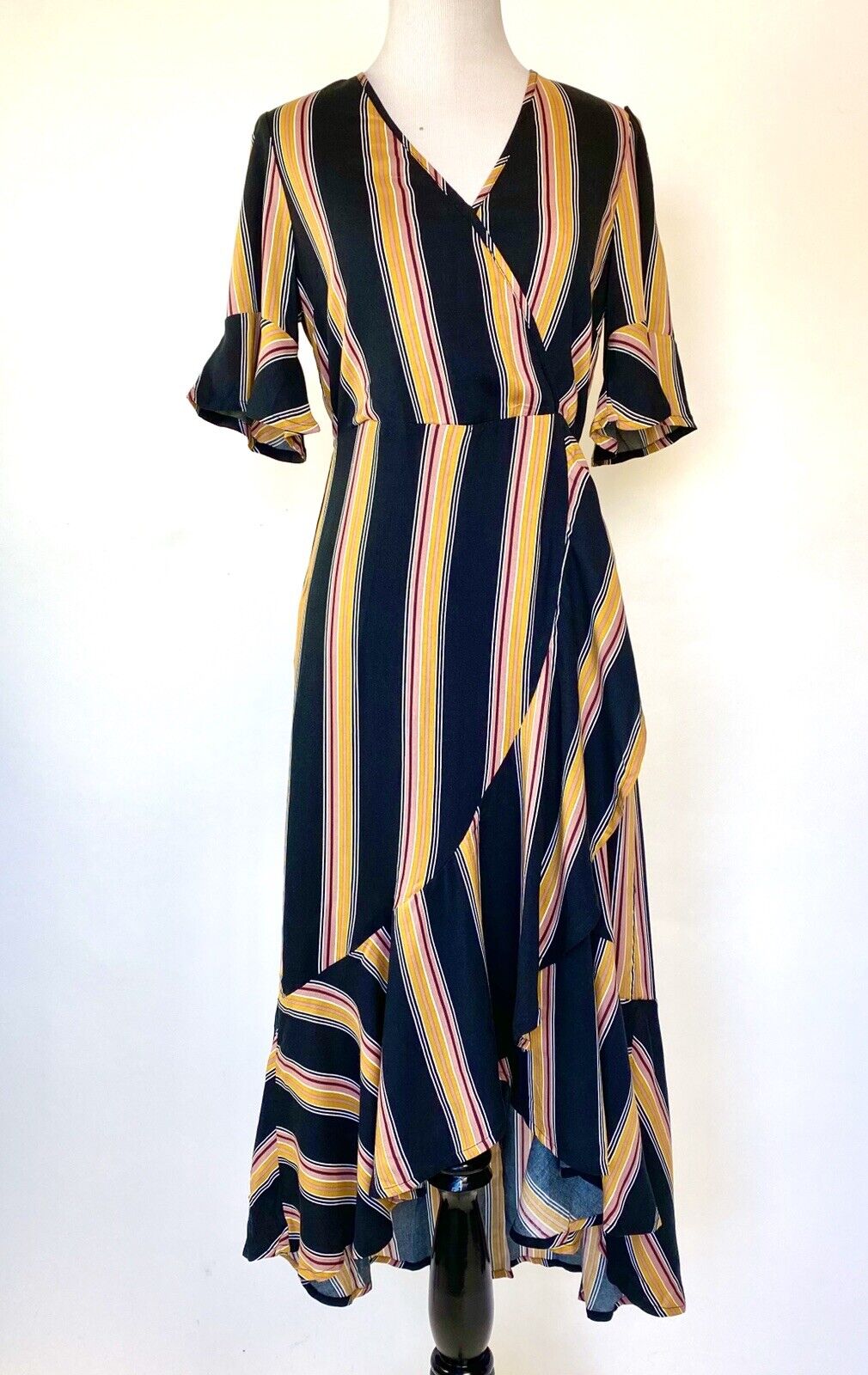 BAND OF GYPSIES Striped Ruffle Faux Wrap Dress NWT Retail $98 Price $39 XS