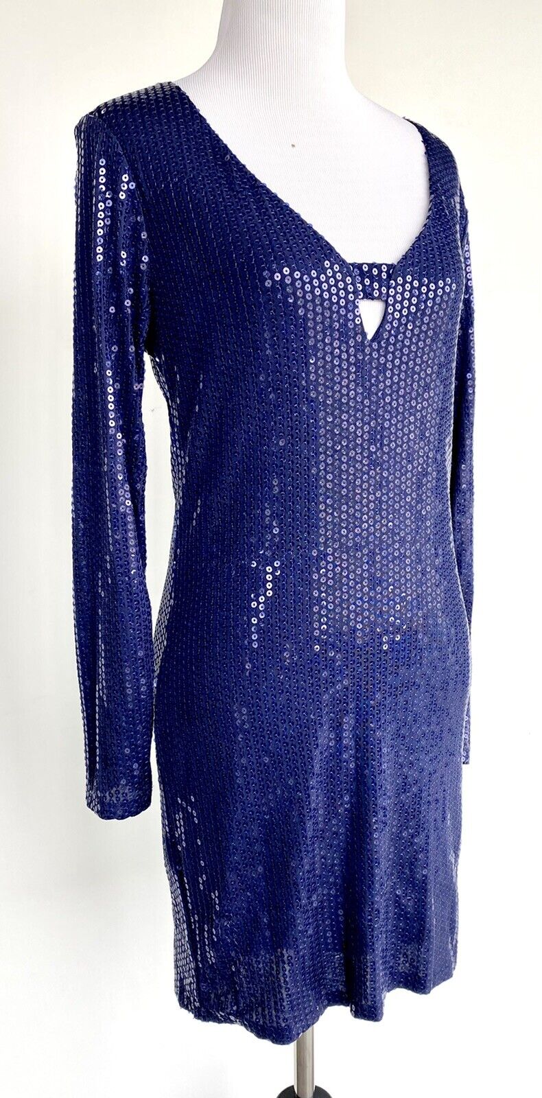 Aqua Navy Sequin V Neck Long Sleev Dress S Retail $138 Price $49