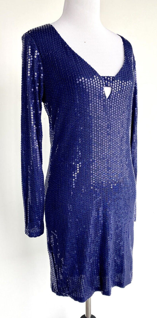 Aqua Navy Sequin V Neck Long Sleev Dress S Retail $138 Price $49