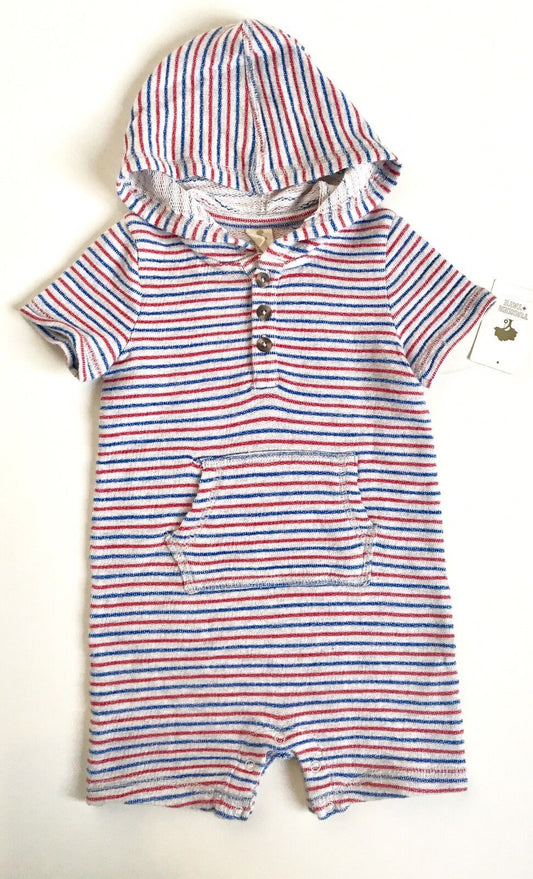 Tucker + Tate Grey Red Blue Stripe Hooded Romper.NWT Retails $35 Price $20.98 9M
