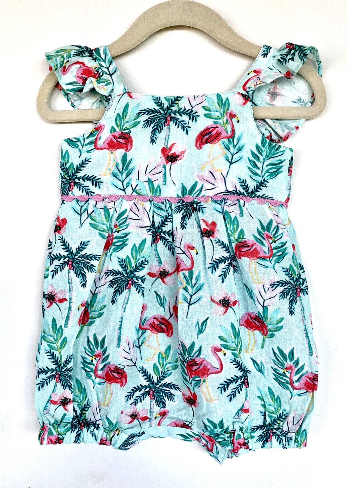 Monsoon London Flamingo Linen Blend Romper 3-6M Ric Rac Price $35