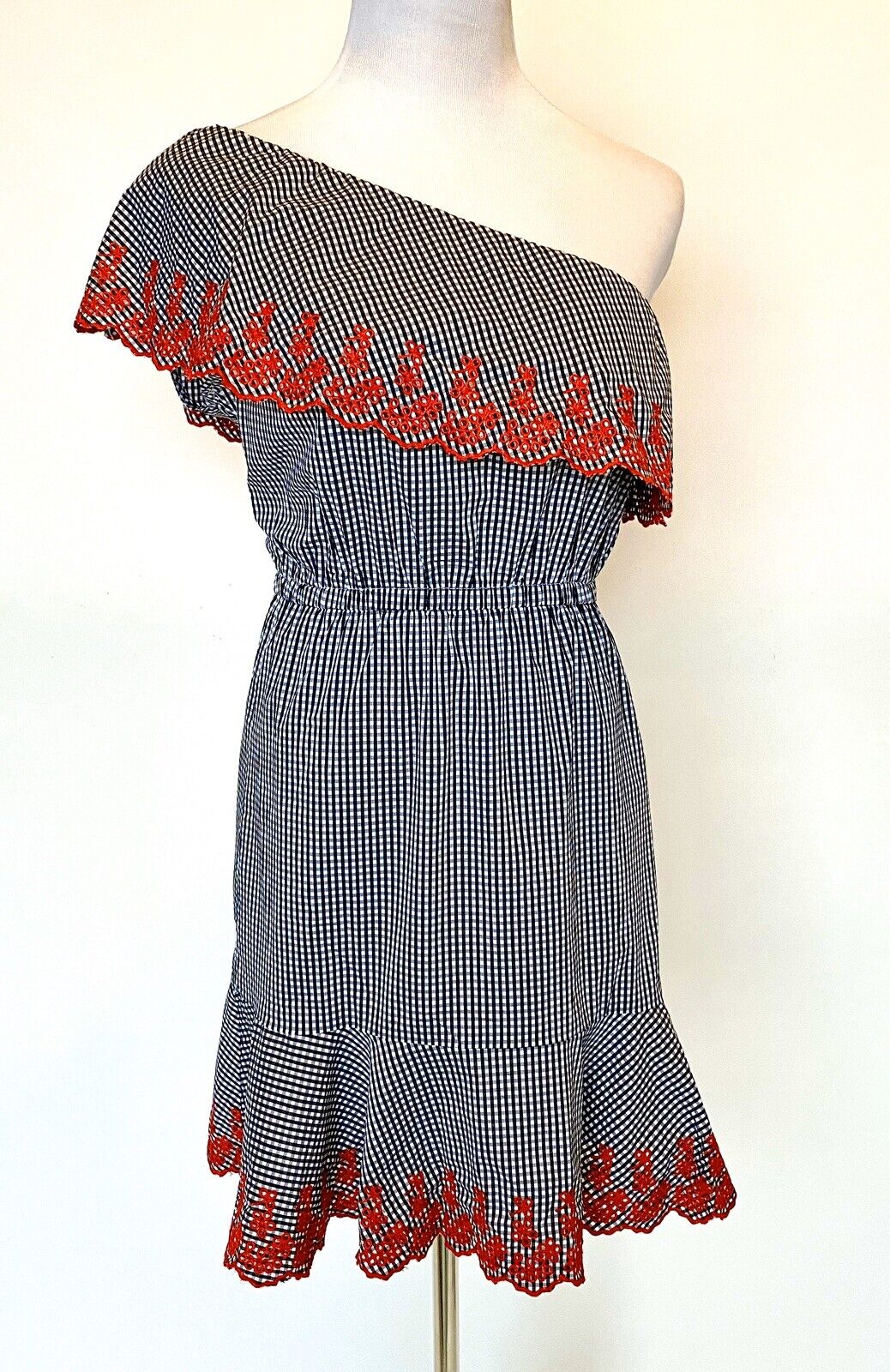 Lucy Paris Embroidered Gingham One Shoulder Dress Retail $88 Price $24 NWT Small