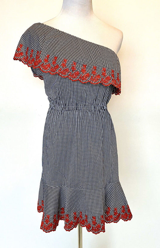 Lucy Paris Embroidered Gingham One Shoulder Dress Retail $88 Price $24 NWT Small
