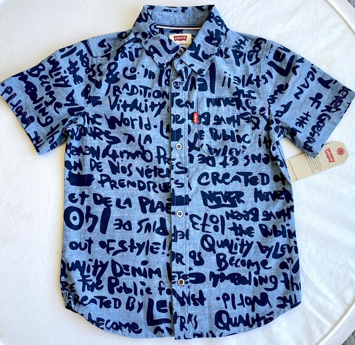 Levi’s boys shirt blue script short sleeve Cotton Retail $36 Price $24 Age 6-7 Y