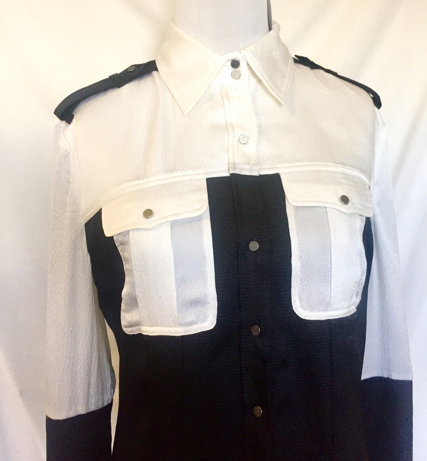 L.A.M.B Gwen Stefani Silk White & Black Shirt Size 4 NWT Price $88