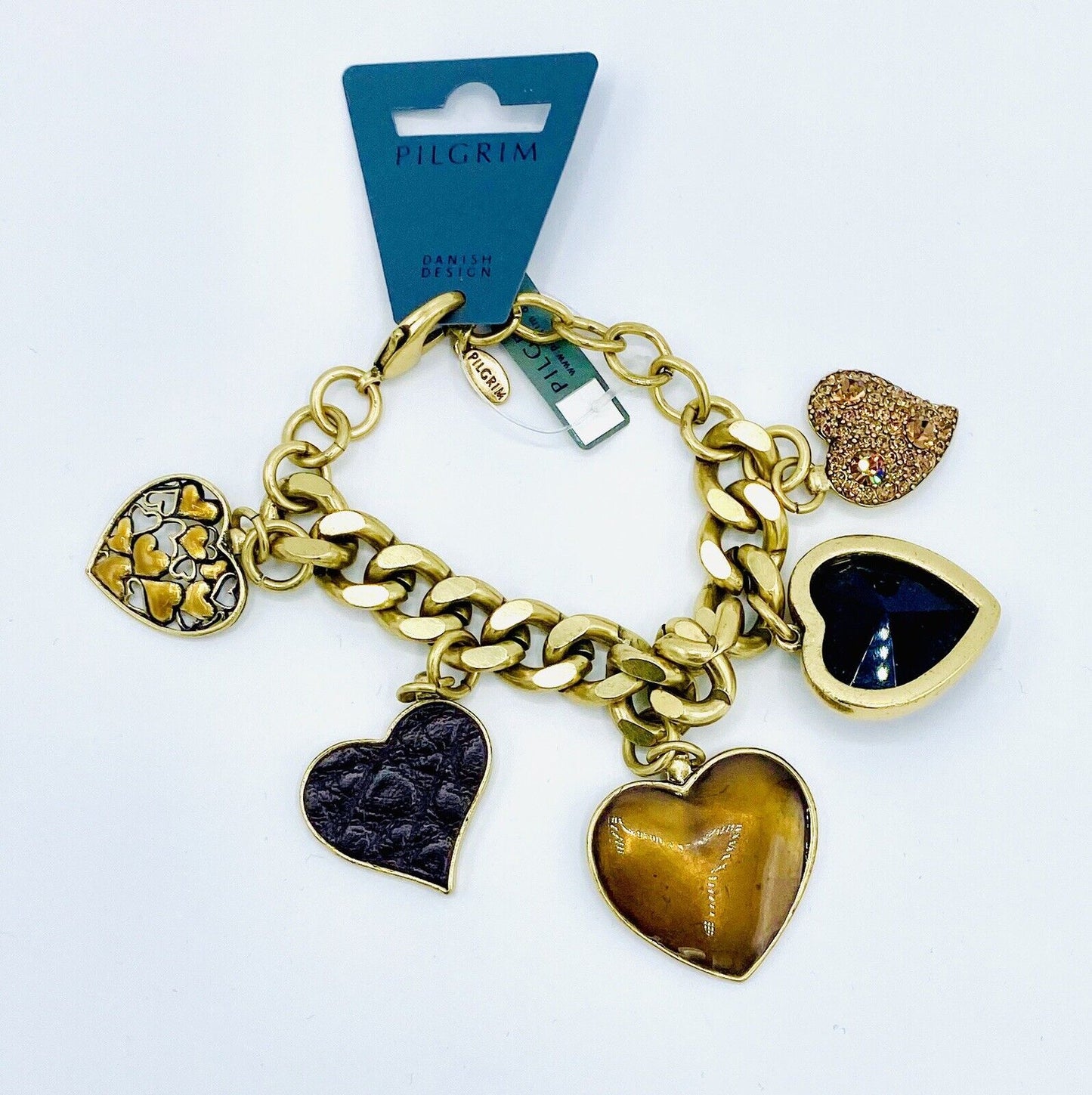 Valentine Hearts Genuine Swarovski Charm Bracelet 14 Carat Gold Plate PRICE $18