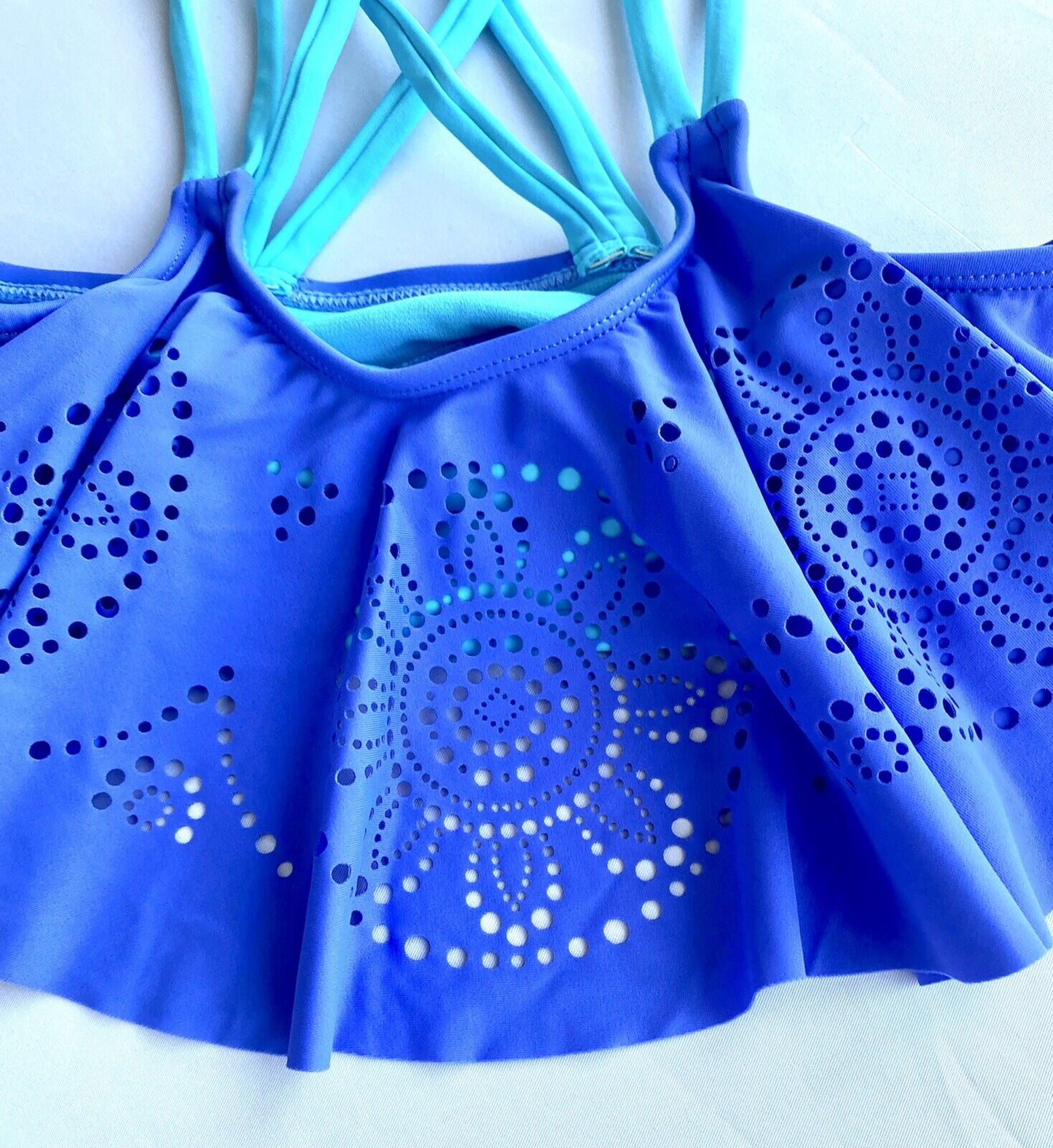Angel Beach Blue Flounce Laser Cut Out Bikini Age 12 Price $24.99 UPF 50+
