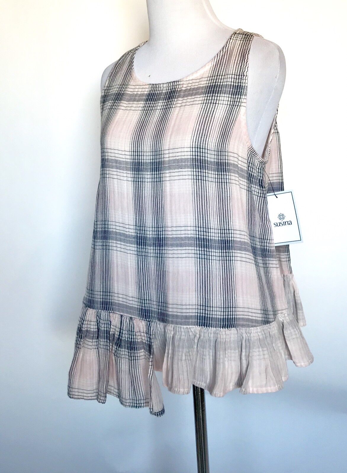 Susina Swing Top Frill Hem. Pink & Grey Plaid Check Size S. NWT Price $29