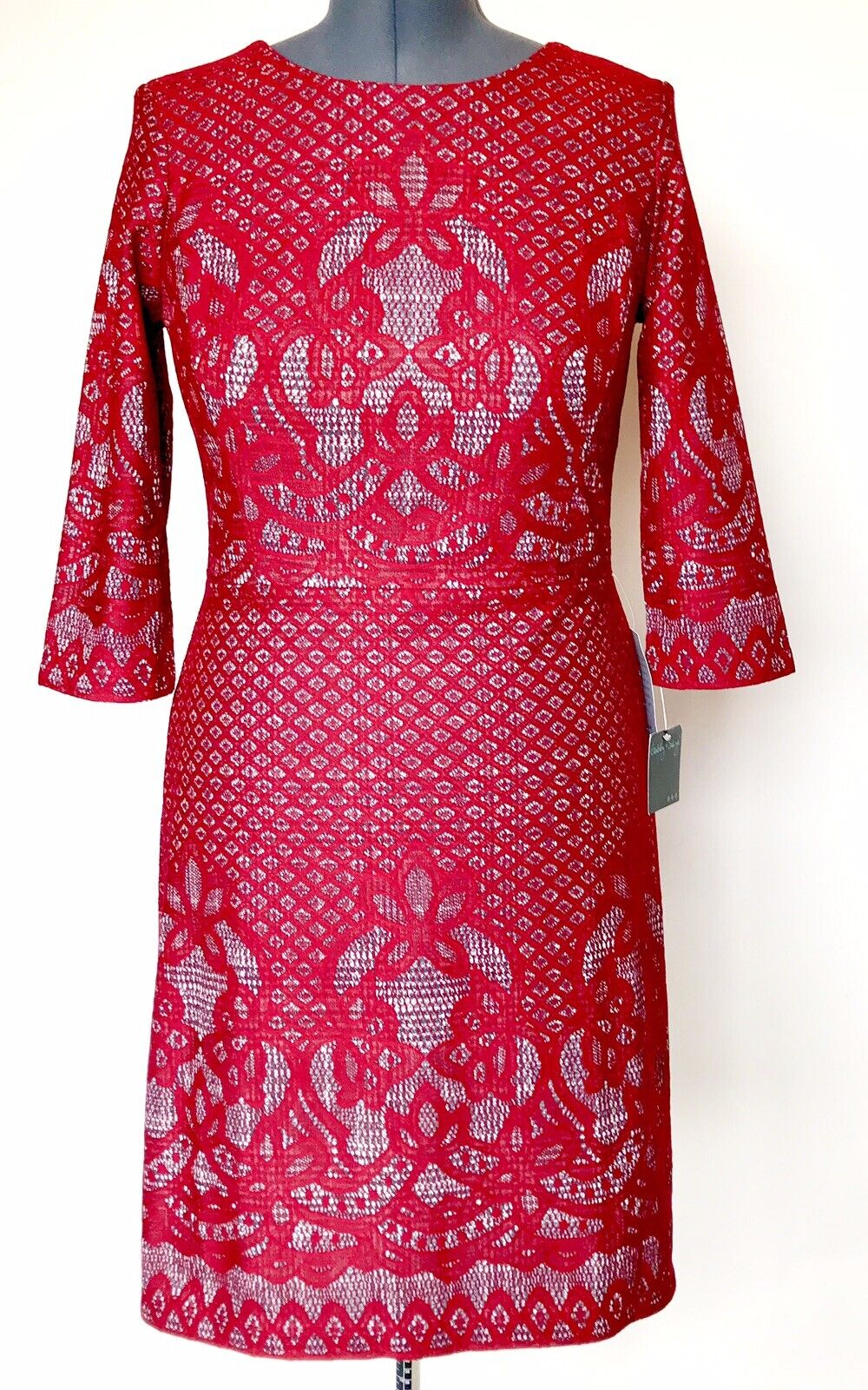 Gabby Skye Mock Lace Dress Ruby Red Black Ivory Retail $98 Price $44 Size 10 NWT