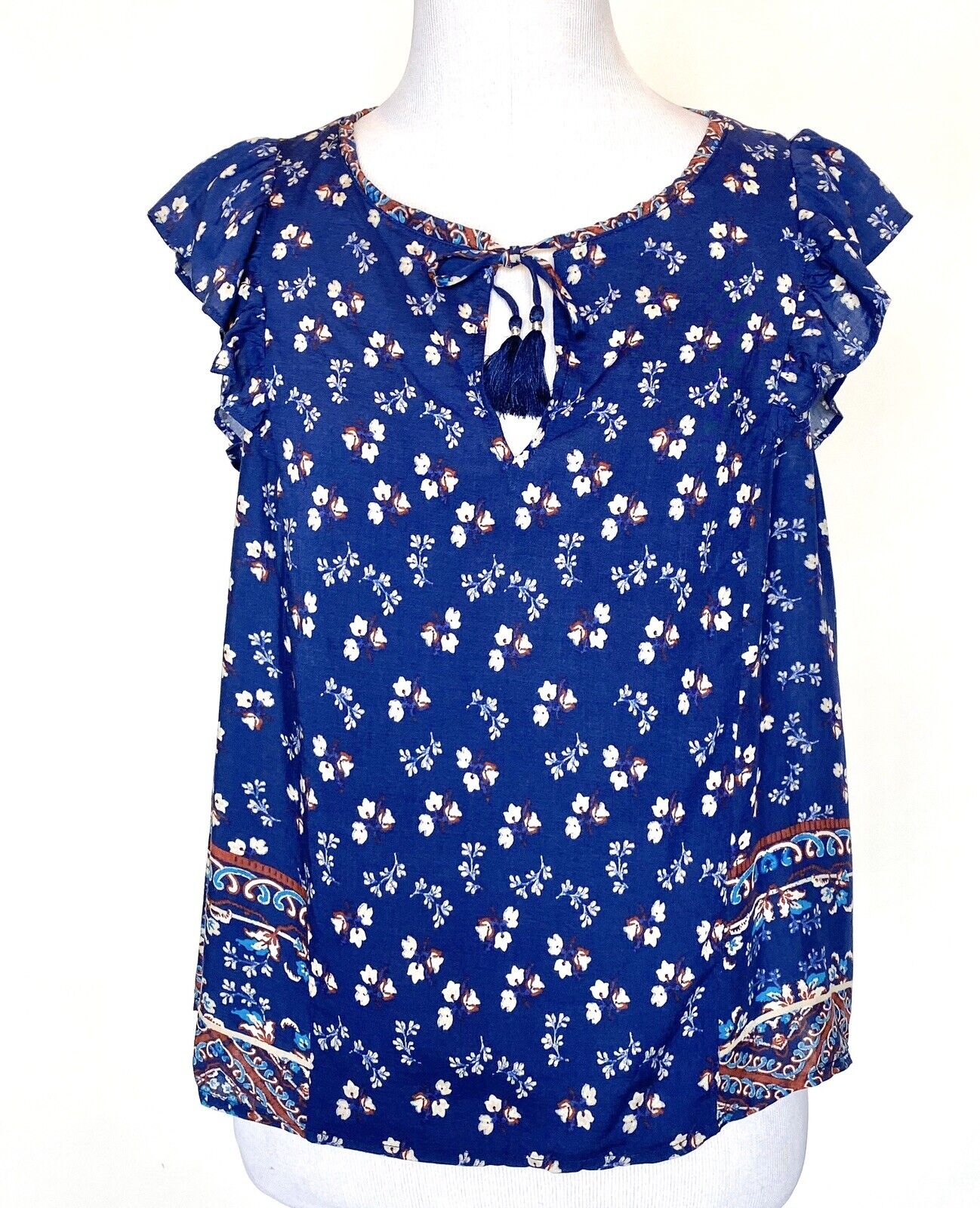 Beltaine Blue Tassel Peasant Boho Blouse Retail $128 Price $29 XS NWT