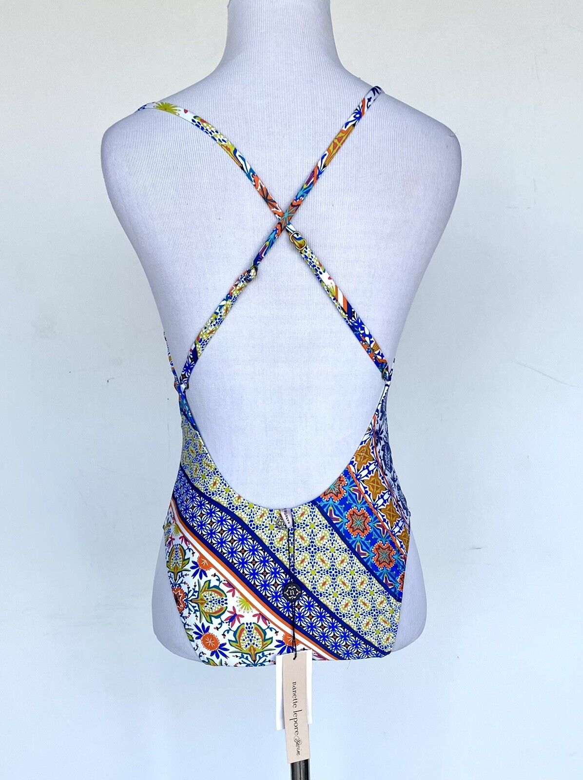 Nanette Lepore Patchwork Goddess Plunge Swimsuit NWT Sz 4 Retail $142 Price $49