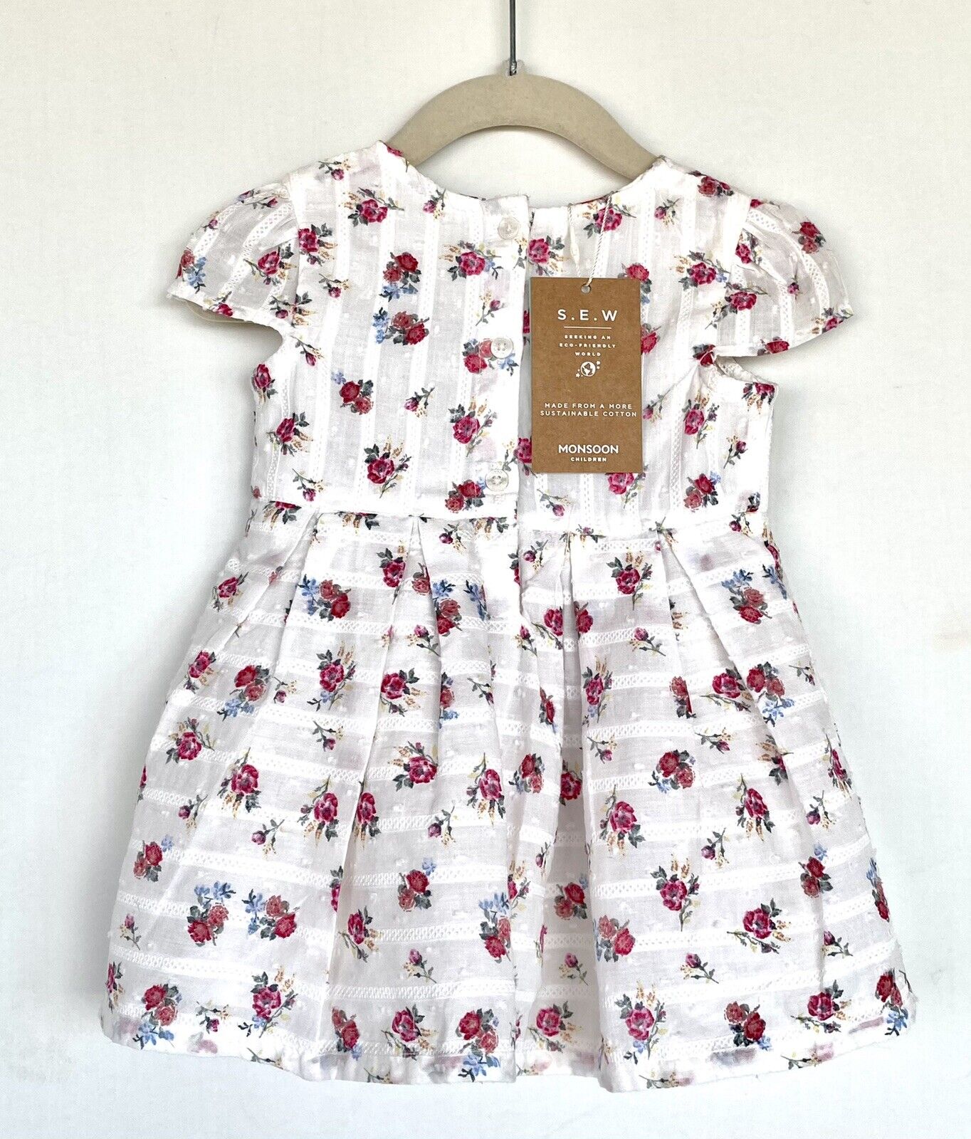 Monsoon London Rose Bow Dress Embroidery 0-3M Stitched Stripe Price $35