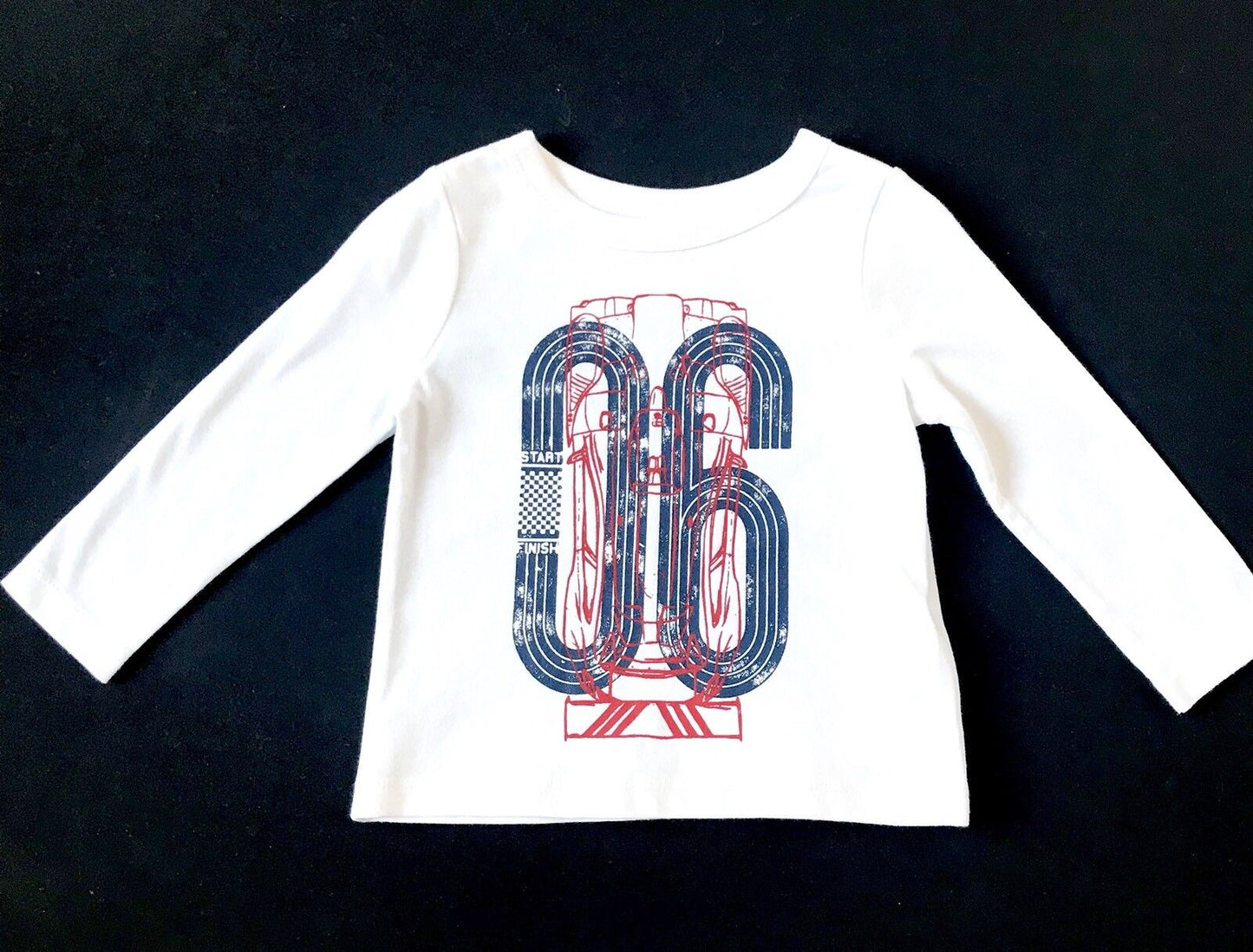 Joe Fresh Baby White Racing Track 06 Long Sleeve Top. Price $9  6-12 Months