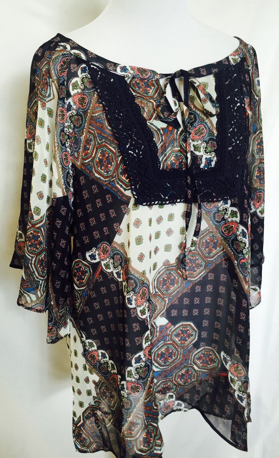 ARK & CO Boho top with Blue crochet detail. NWT Size M. Retails $78 Price $22