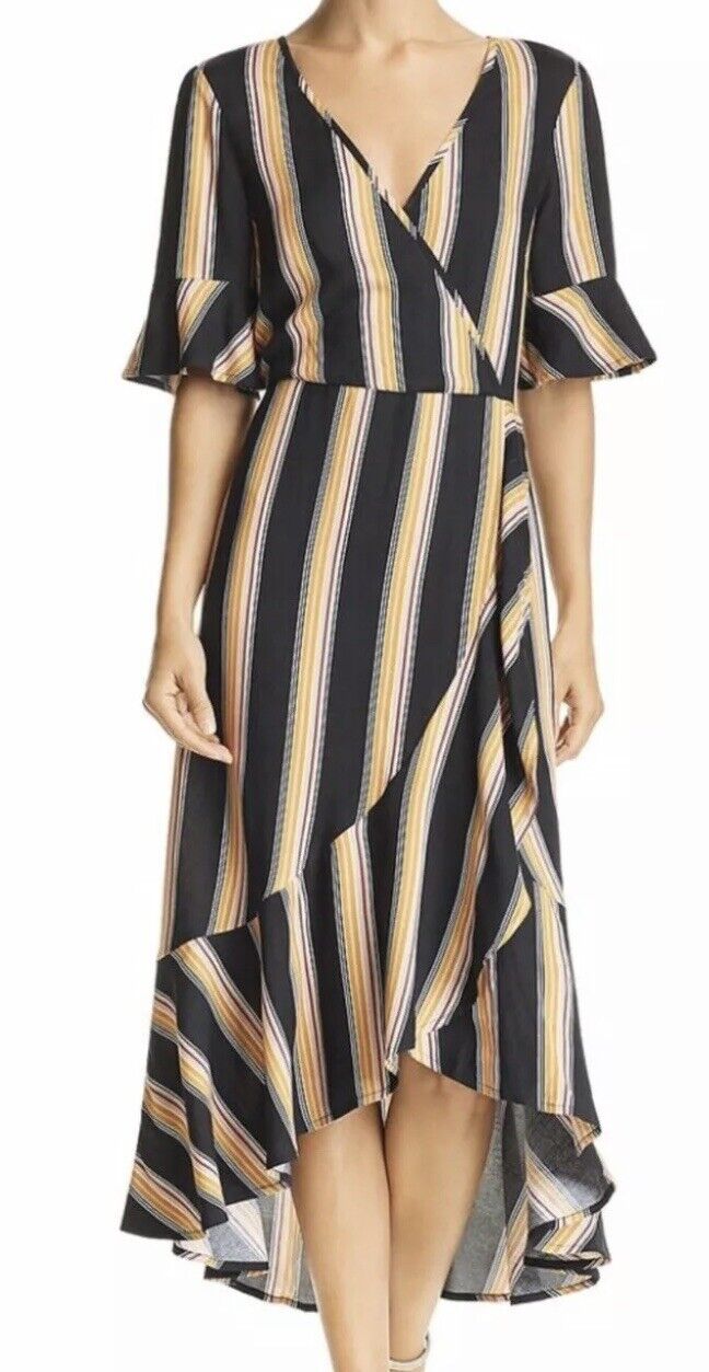 BAND OF GYPSIES Striped Ruffle Faux Wrap Dress NWT Retail $98 Price $39 XS