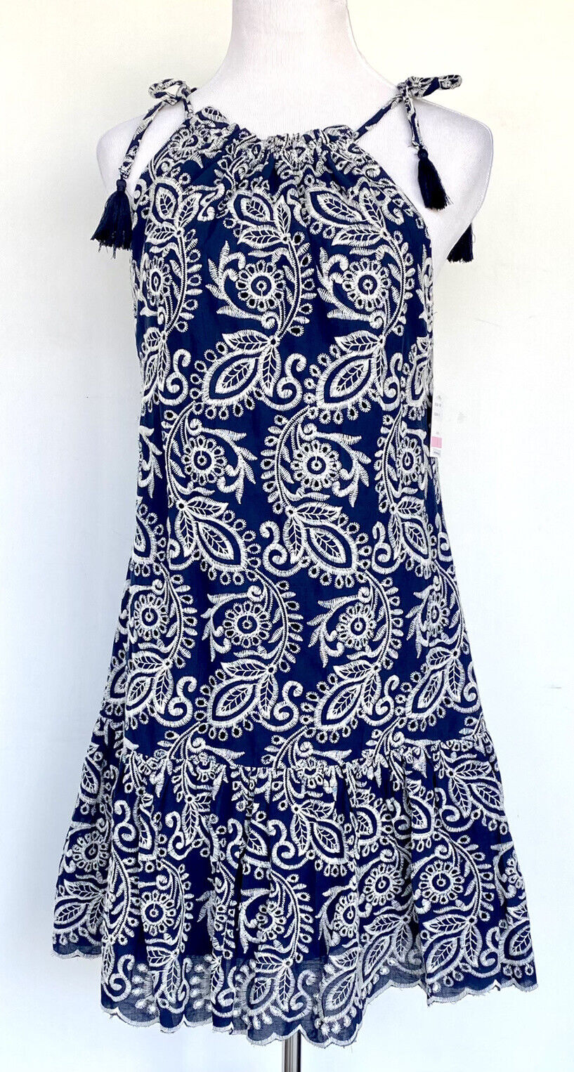 Taylor Blue White Embroidered Dress. NWT Size 6 Retail $138 Price $68 Ruffle Hem