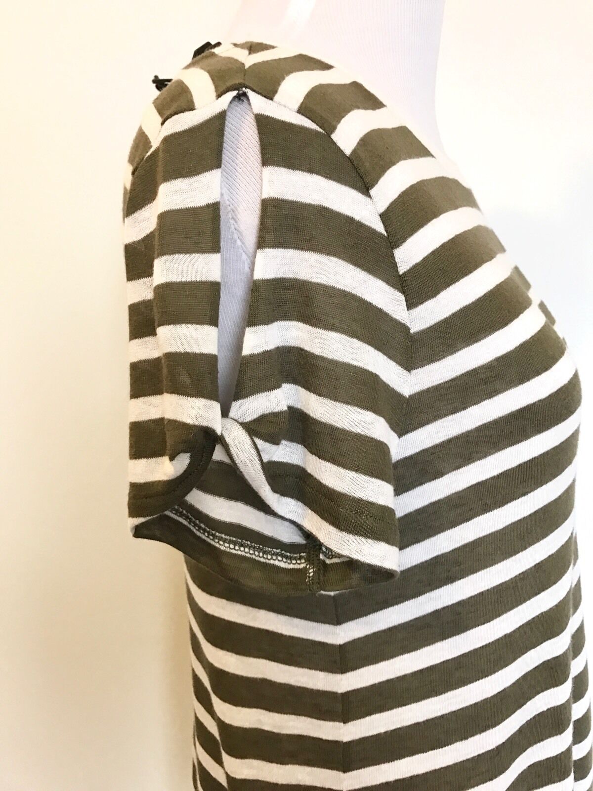 AllSaints Mazzy Khaki Stripe Linen Mix Tee NWT Retail $85 Price $36 Size S