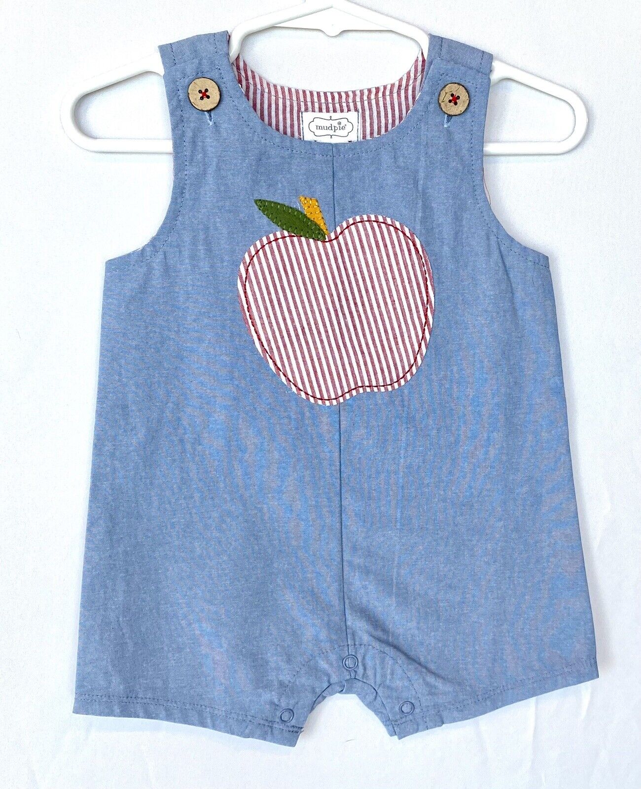 Mudpie chambray Apple romper 3-6 months $34
