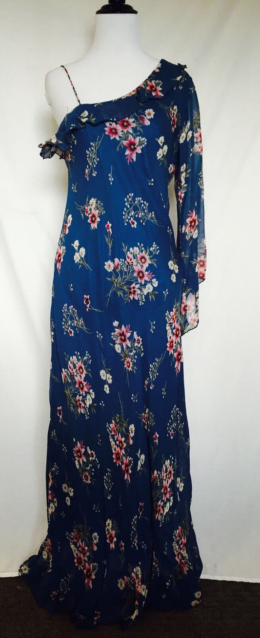Papillon Blue Daisy one shoulder flowered Long dress. NWT size M. $29