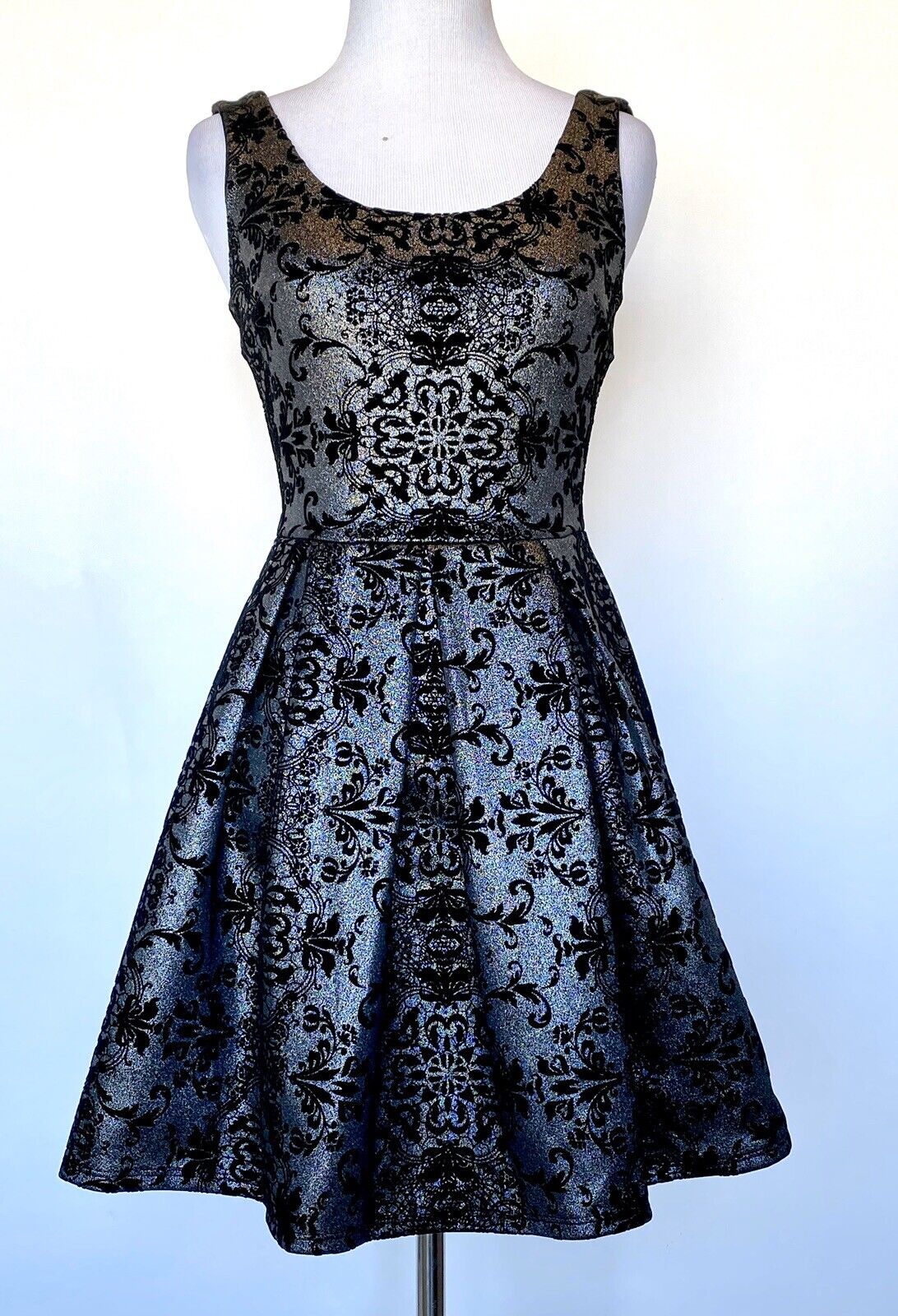 Aqua Black & Silver Velvet Floral Stretch Skater Dress XS Retail $88 Price $33