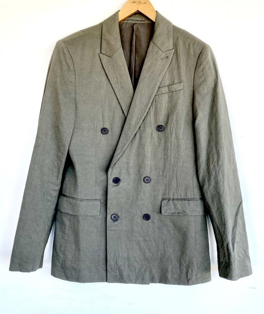AllSaints Preston Linen Cotton Blazer 42 XL Retail $468 Price $210 Olive Green