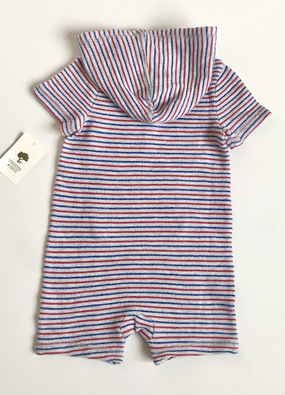 Tucker + Tate Grey Red Blue Stripe Hooded Romper.NWT Retails $35 Price $20.98 9M