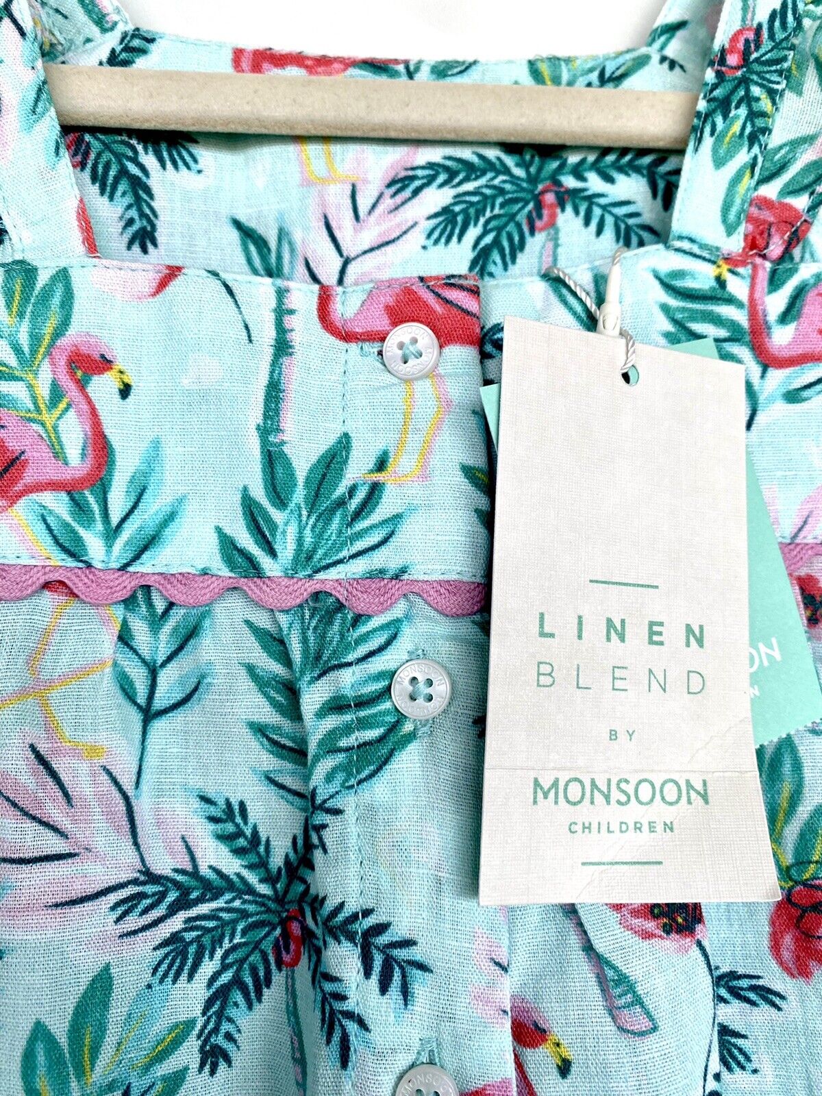 Monsoon London Flamingo Linen Blend Romper 3-6M Ric Rac Price $35